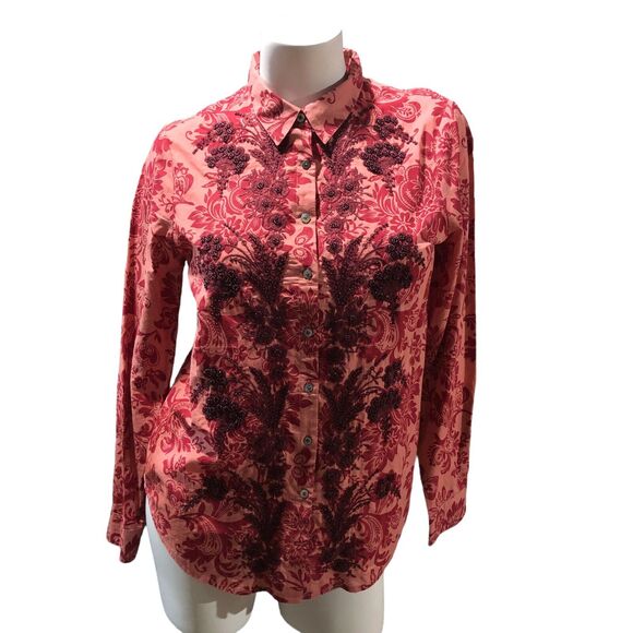 Sundance Embroidered Beaded Floral Button Up Shirt Top Pink Red Long Slveeve S - Picture 1 of 5